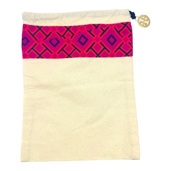 Tory Burch Drawstring Cotton Bag With Pink & Navy Geometric Design 8x6 Inches - Picture 1 of 4